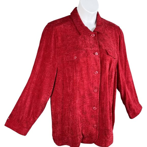 Liz & Me Womens 1X Red Jacquard Button-Front Jacket Abstract Design Art To Wear - Picture 5 of 16
